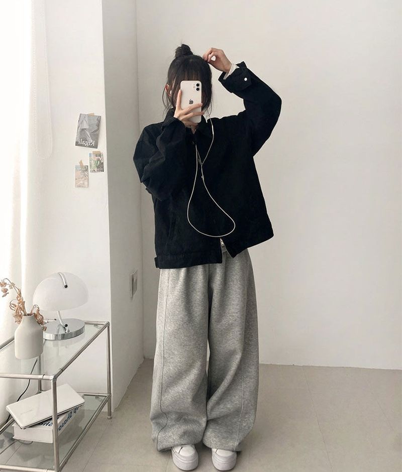 Rentto Basic Collar Zipper Loose Fit Cotton Jacket