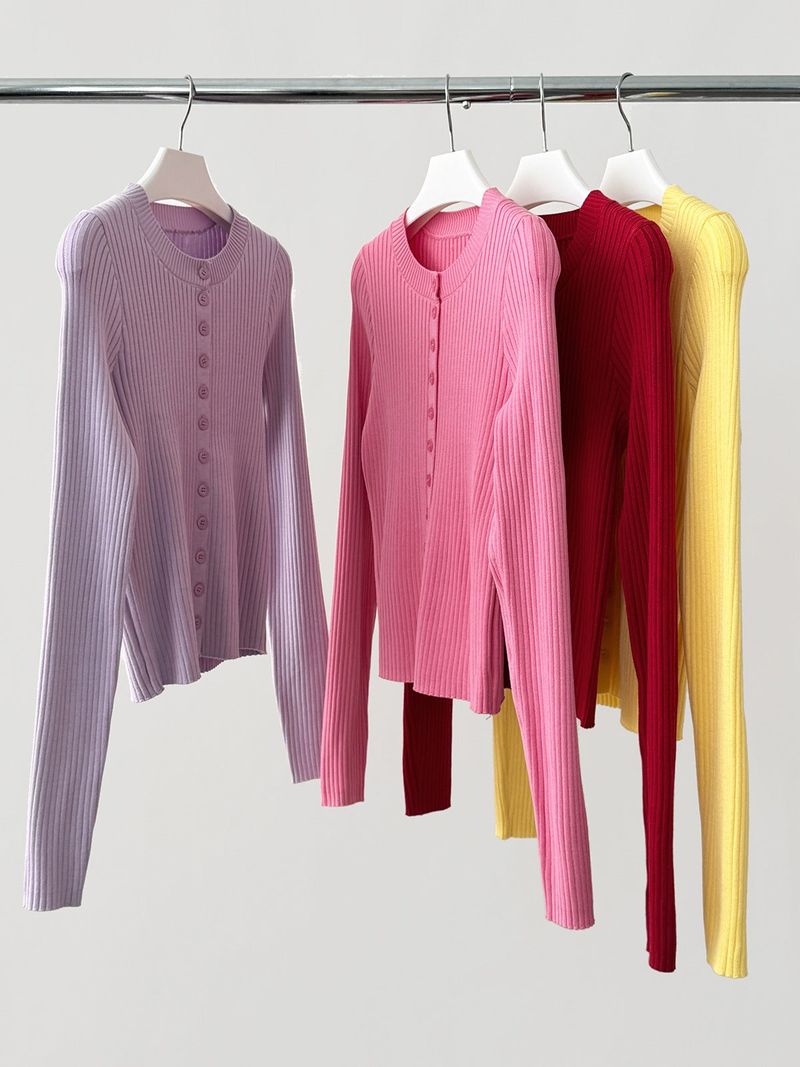 Color Round Neck Ribbed Button Cardigan
