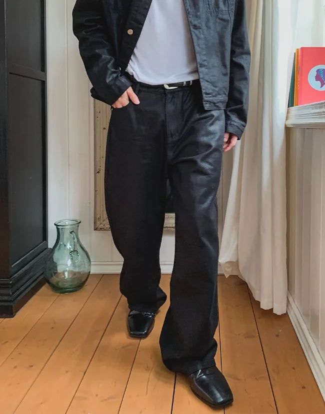 Canto Coated Black Denim Wide Pants