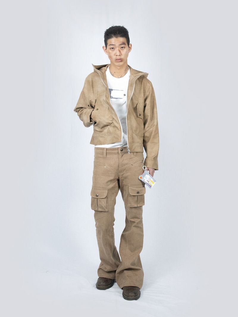 Curved Hood Leather Jacket (Beige)