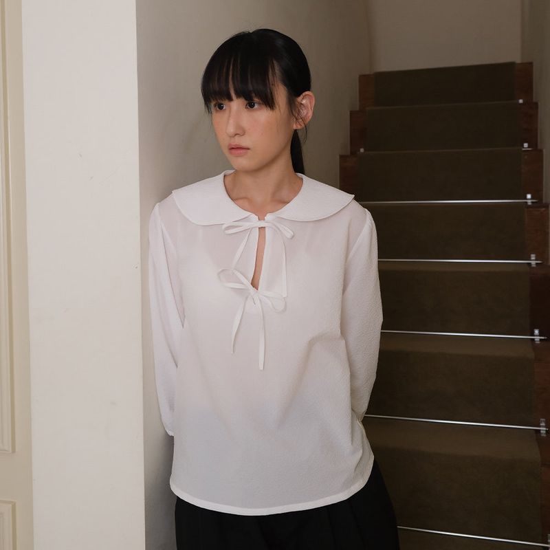 White Seersucker Ribbon Blouse