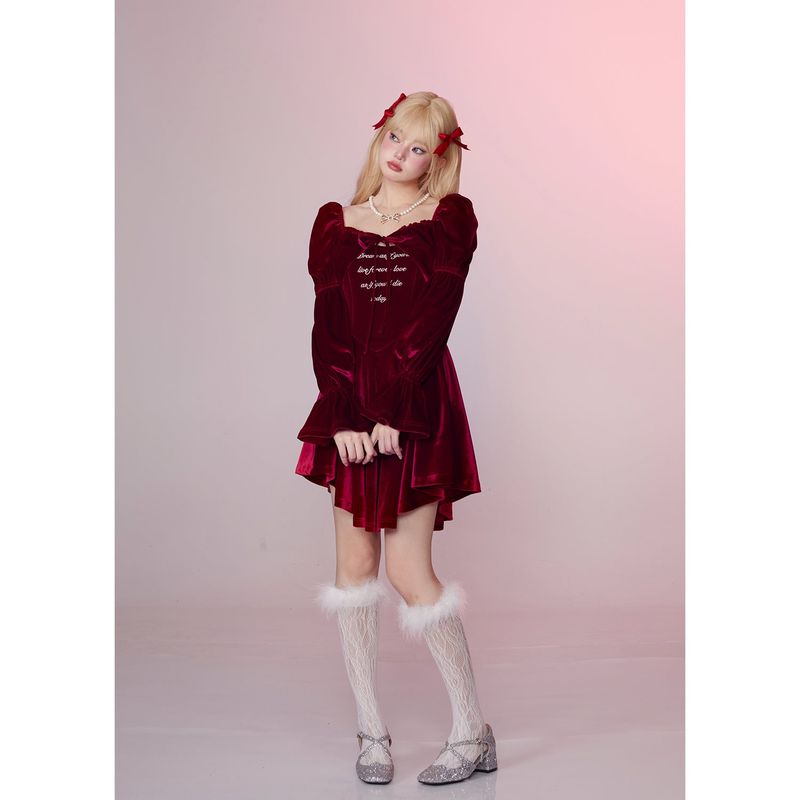 [Girly Fancy Club] レトロレッドベルベットツーピースプリンセスドレス