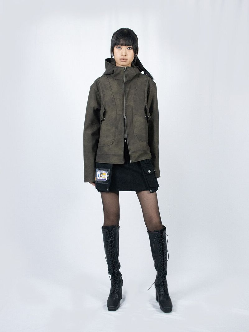 Curved Hood Leather Jacket (Khaki Black)