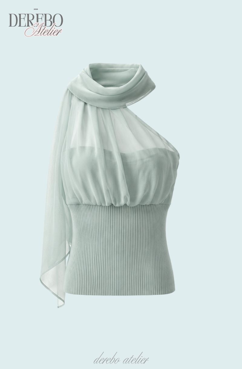 one-shoulder mint chiffon sleeveless top