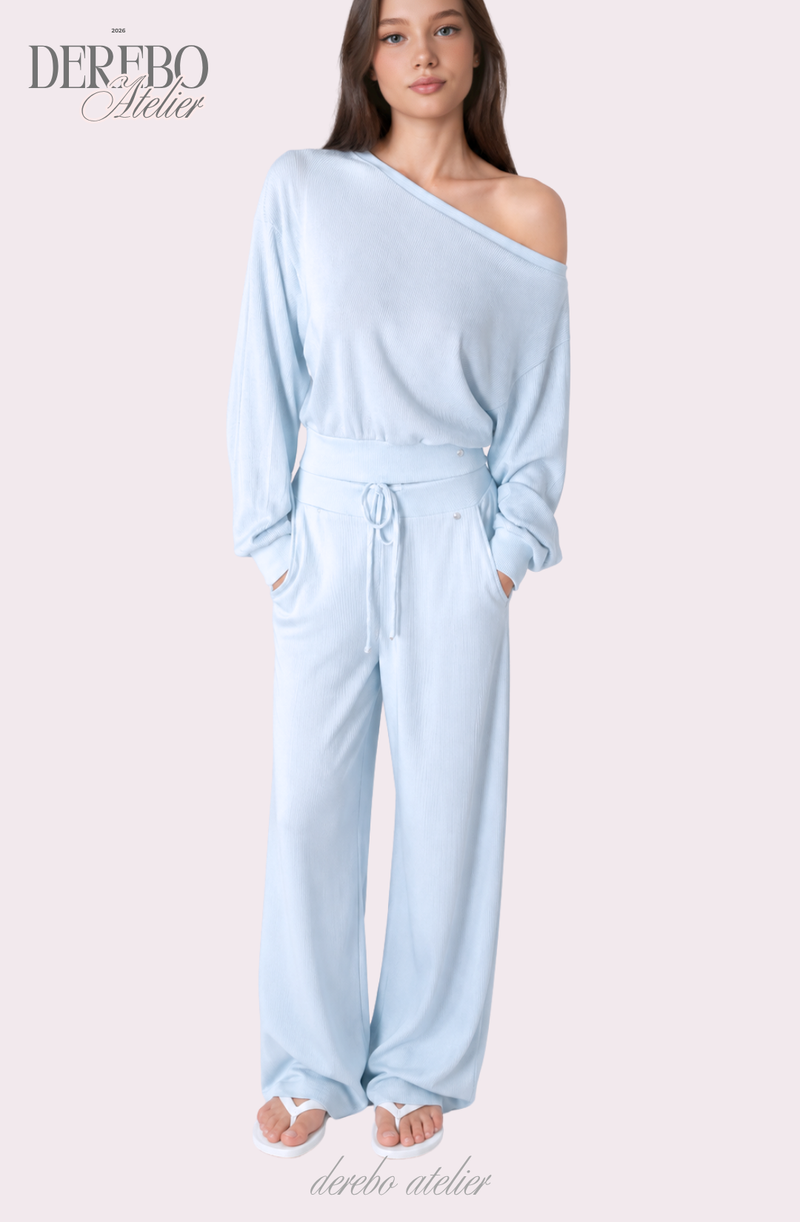 Waffle Asymmetrical Off-Shoulder Sweat Pants Set (TOP+PANTS SET)