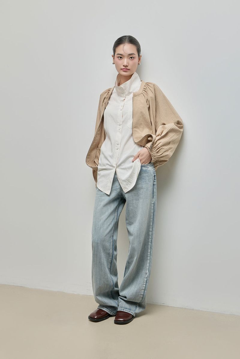 Shirring Zip-up Blouse Jumper_Beige