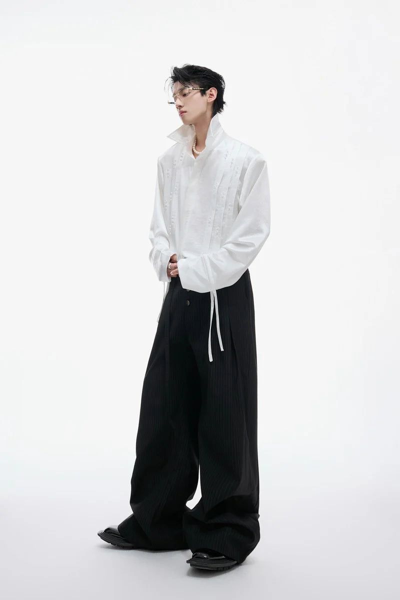 Metallic Tie Pearl Pleated Shirt