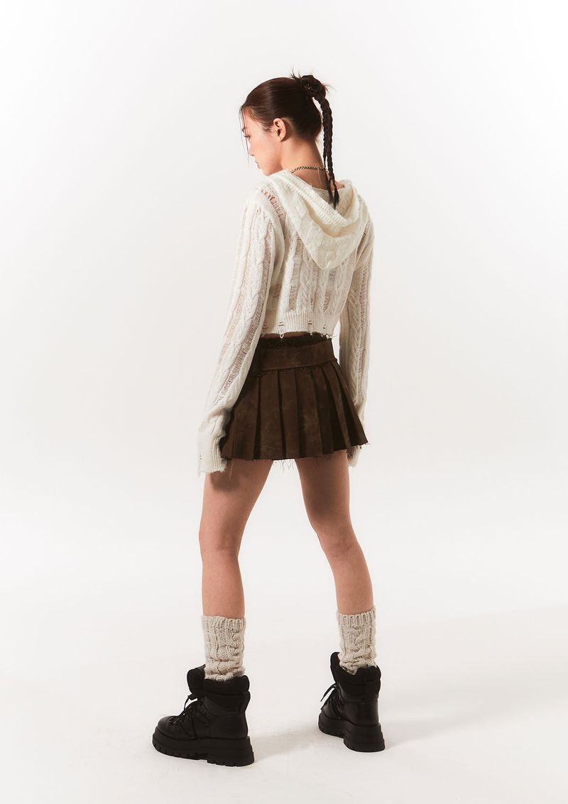 rough belted pleats sk - brown