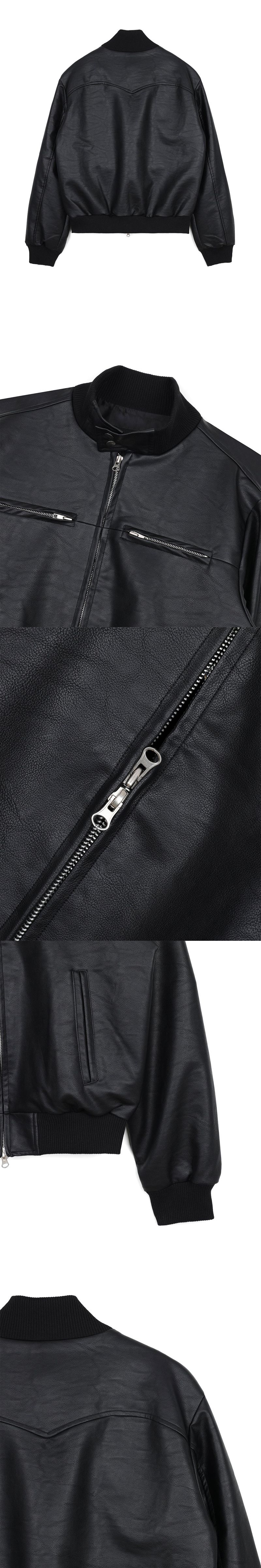 High Neck Leather Crop Jacket - Black