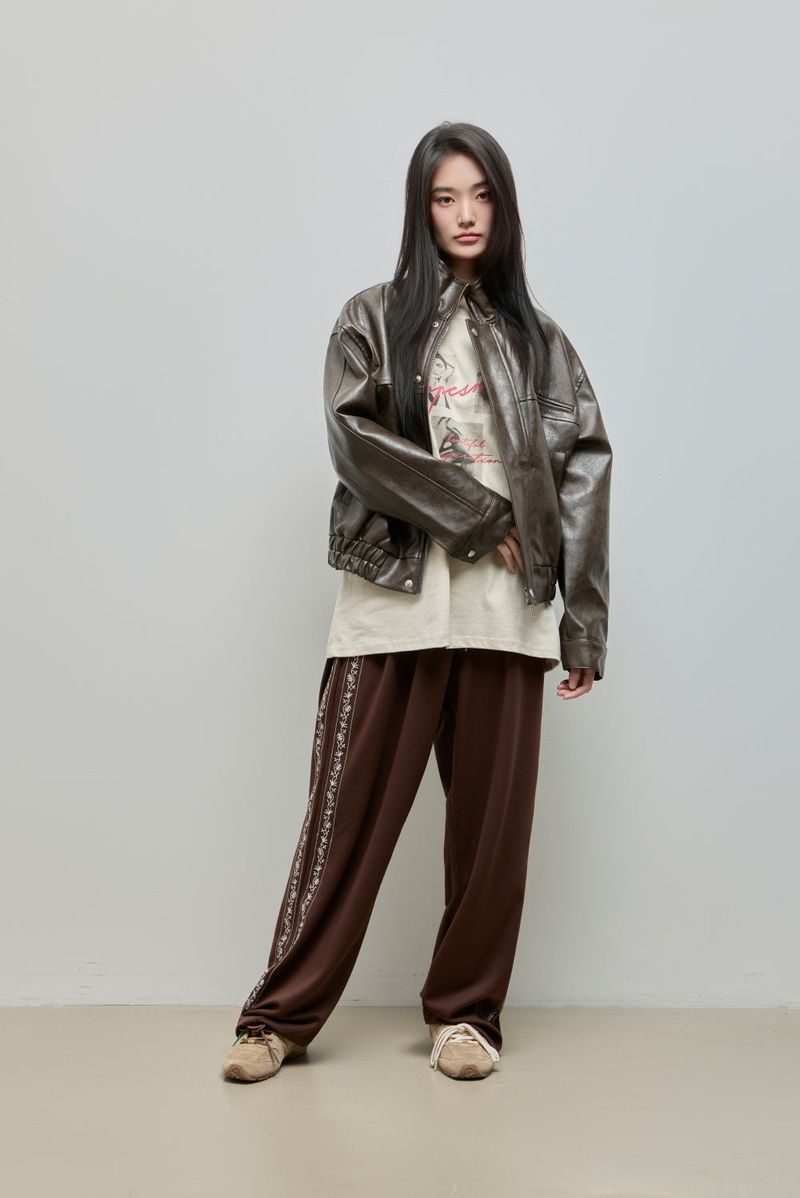 High-neck Leather Jacket_Brown