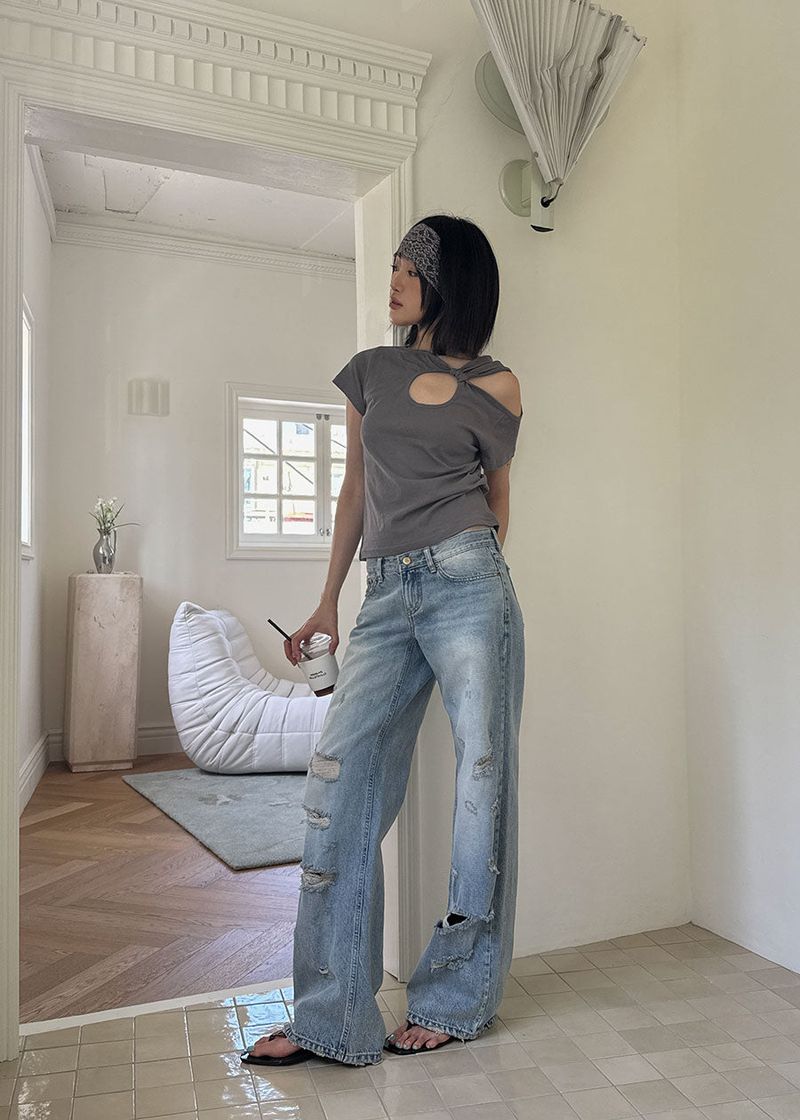 DAMAGE STRAIGHT DENIM (S-L)