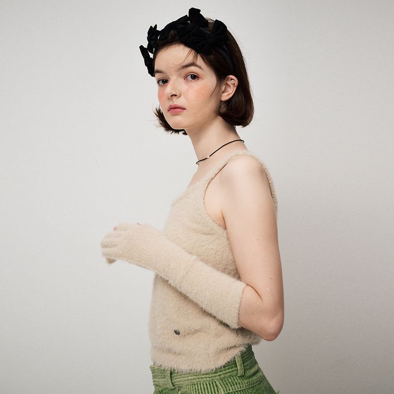 FUZZY KNIT LONG GLOVES, BEIGE