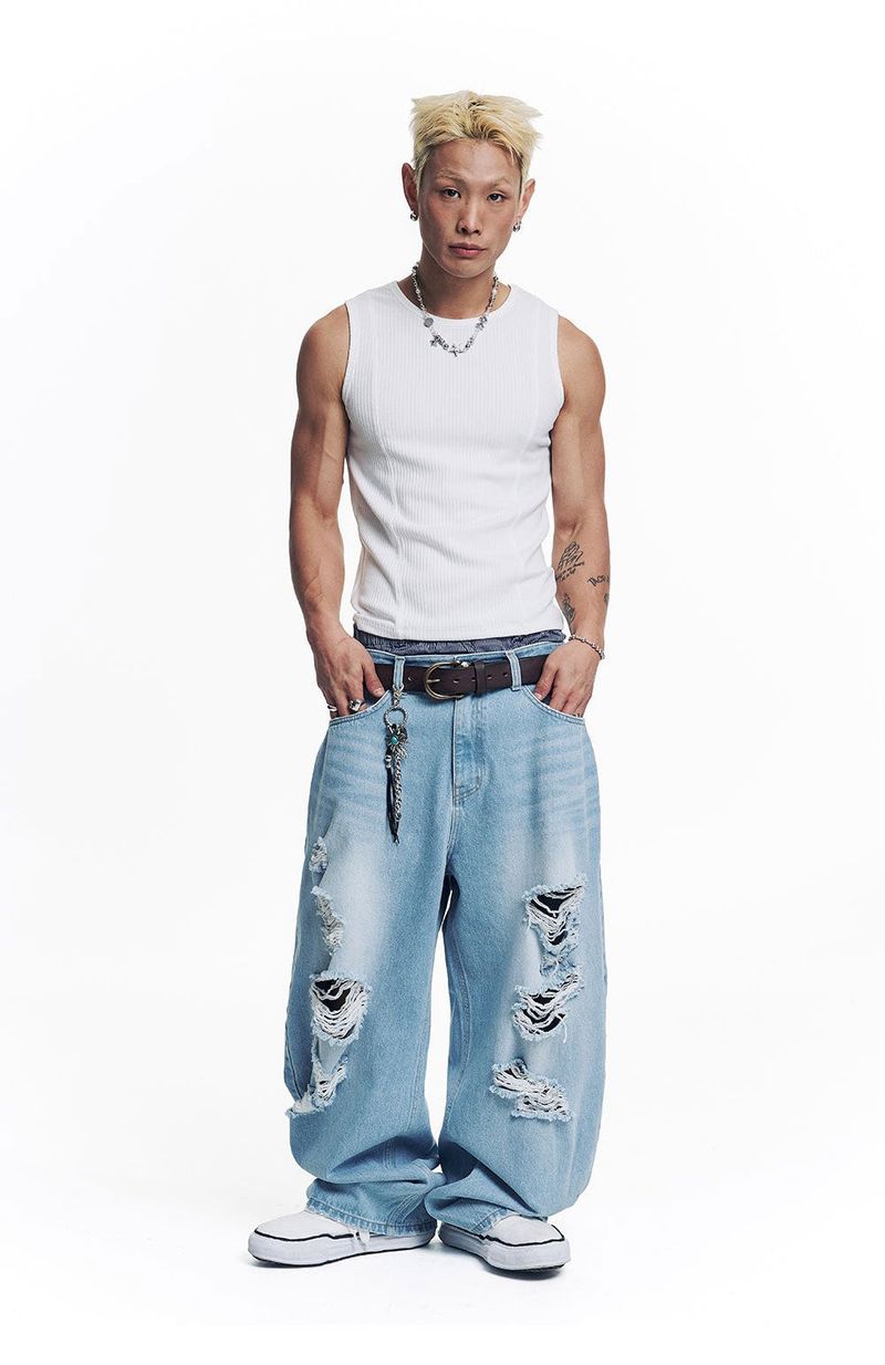 Distressed Curved Denim Pants - Light Blue