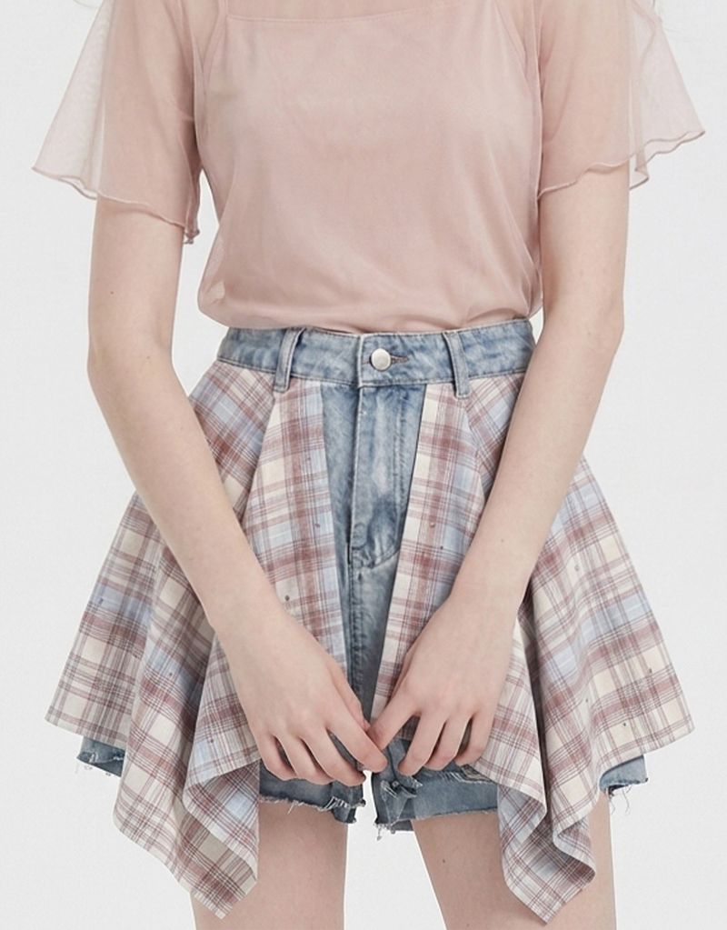 TWEEDY-A（ツウィーディア）の「ナッティレイヤードチェックデニムショートパンツ PinkBlue（パンツ）」