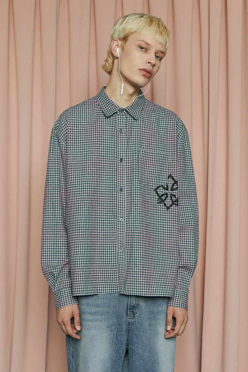 SYMBOL CHECK SHIRT / GREEN&PINK