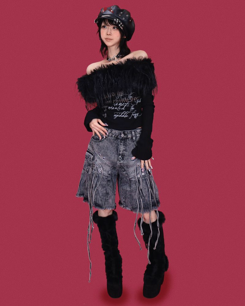 angry eyelet wide half pants - black