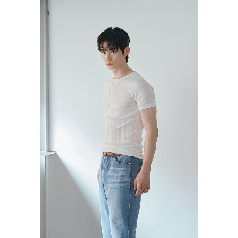 High ribbed henry neck half sleeves(Ivory)