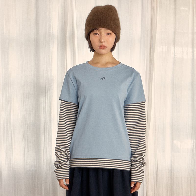 Sunlit（サンリット）の「LOGO LAYERED STRIPE TEE (SKY BLUE)（Tops）」