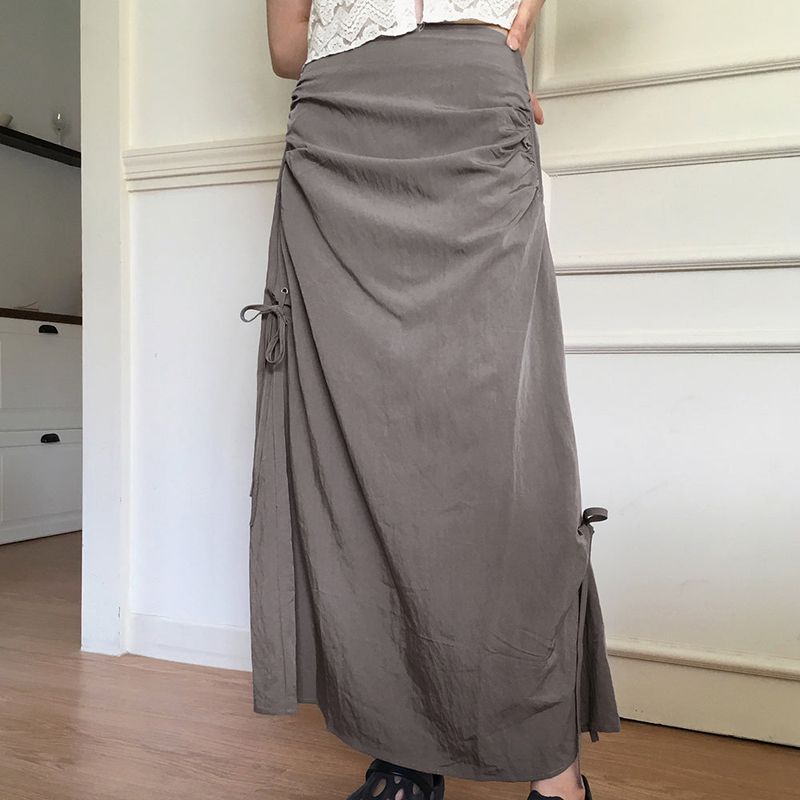 [MADE] Kishi eyelet ribbon shirring pocket Nylon long skirt