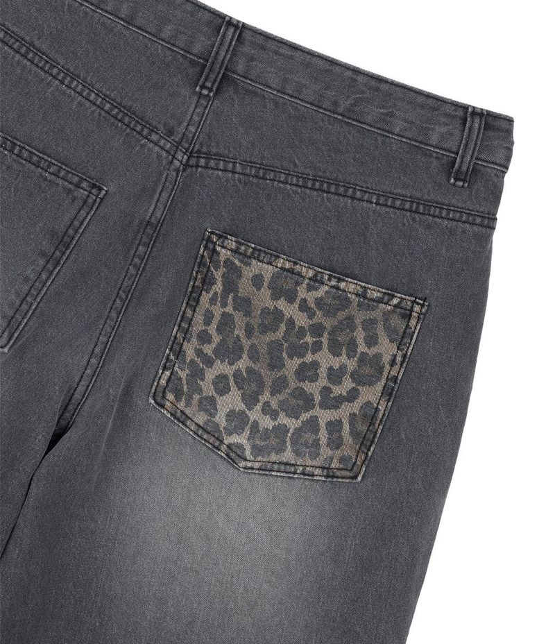 Leopard Cross Patch Roll-Up Denim Pants - Black