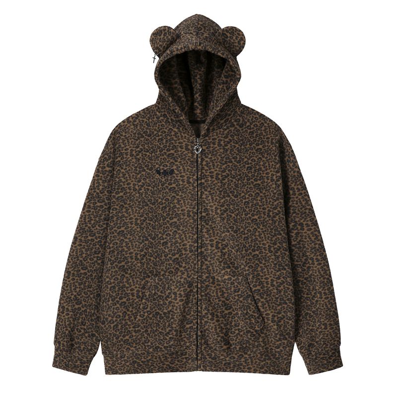 Teddy Leopard Zip-Up Hoodie – Brown