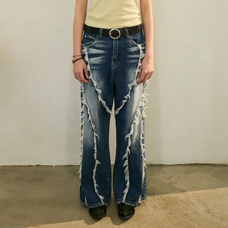 Tassel Boots Cut Denim Pants Blue
