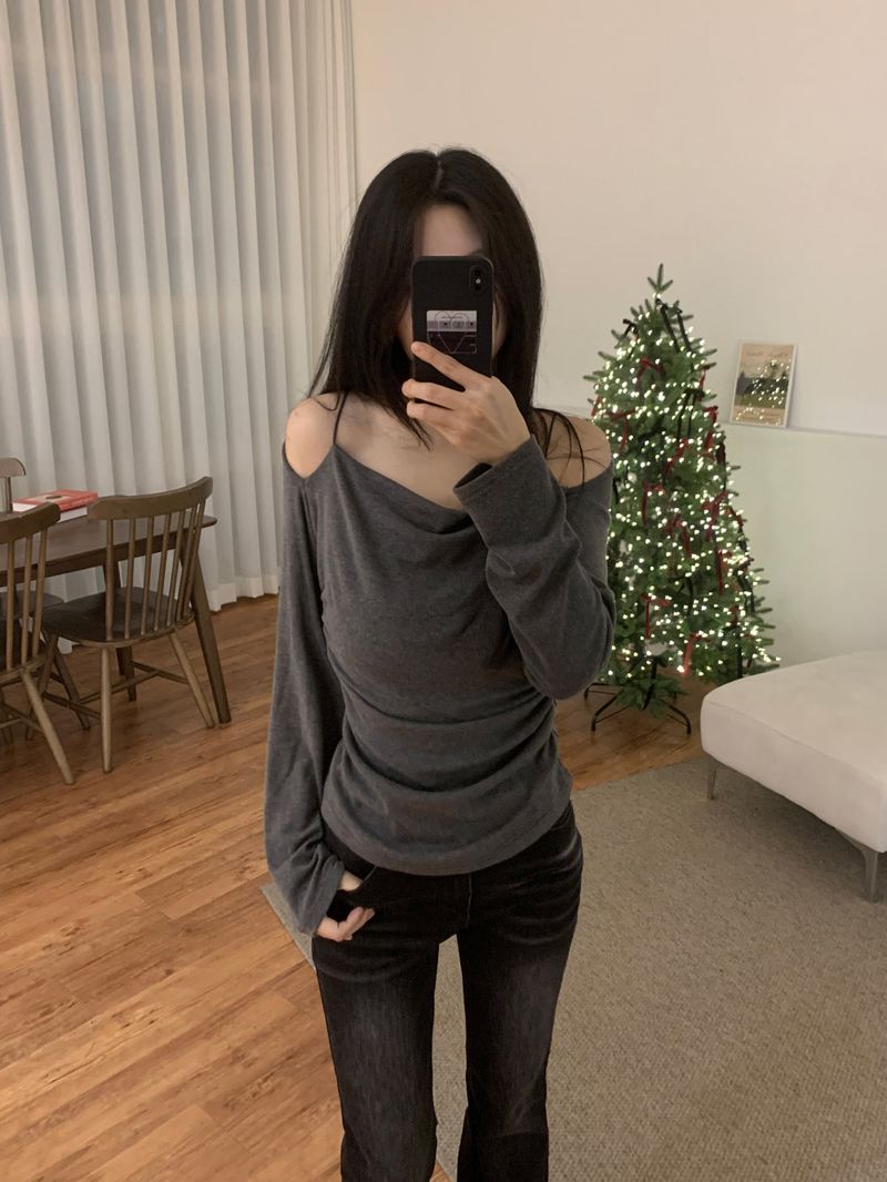 Jenn Muse Off-Shoulder Strap Drape Long Sleeve Top