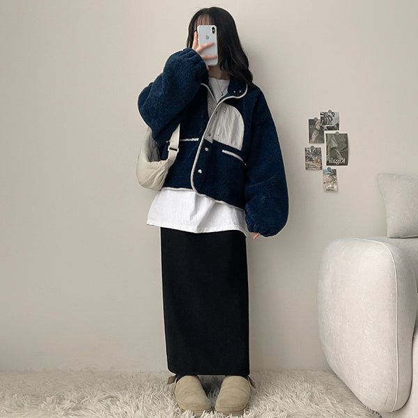 Acet Color High-Neck Soft Wool Zipper Snap Jacket