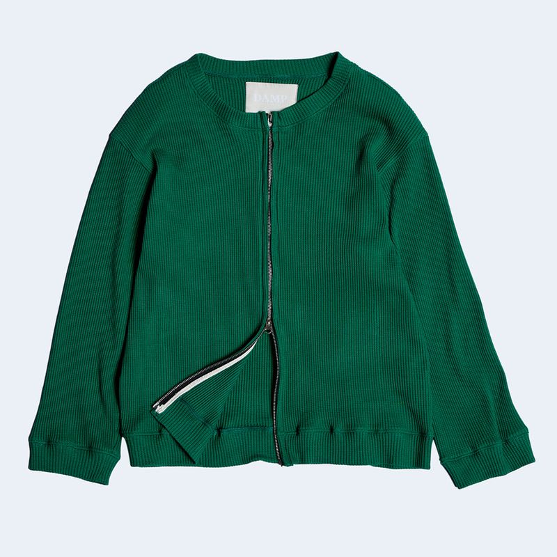 DAMP 2-WAY ZIP-UP WAFFLE CARDIGAN_GREEN