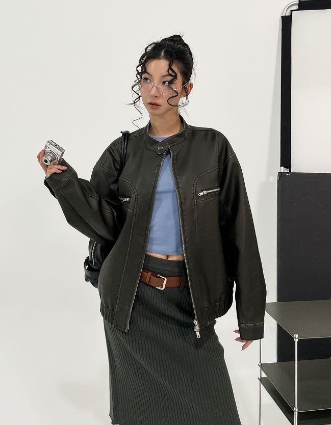 Gross cut washed leather jacket