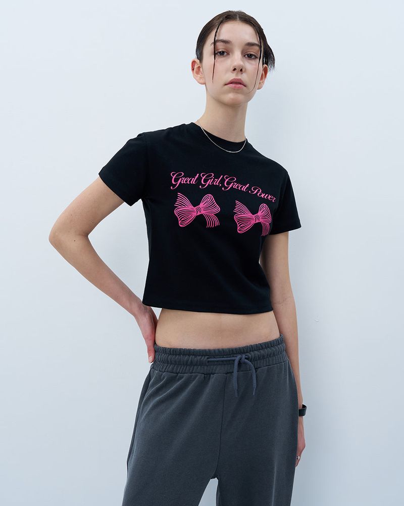 TWIN RIBBON CROP TSHIRT-BLACK