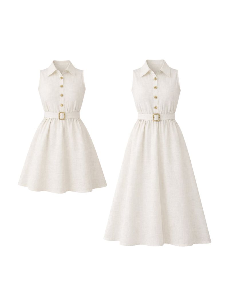Haren Linen Collar Button Belt Flare Dress Ivory Short VER