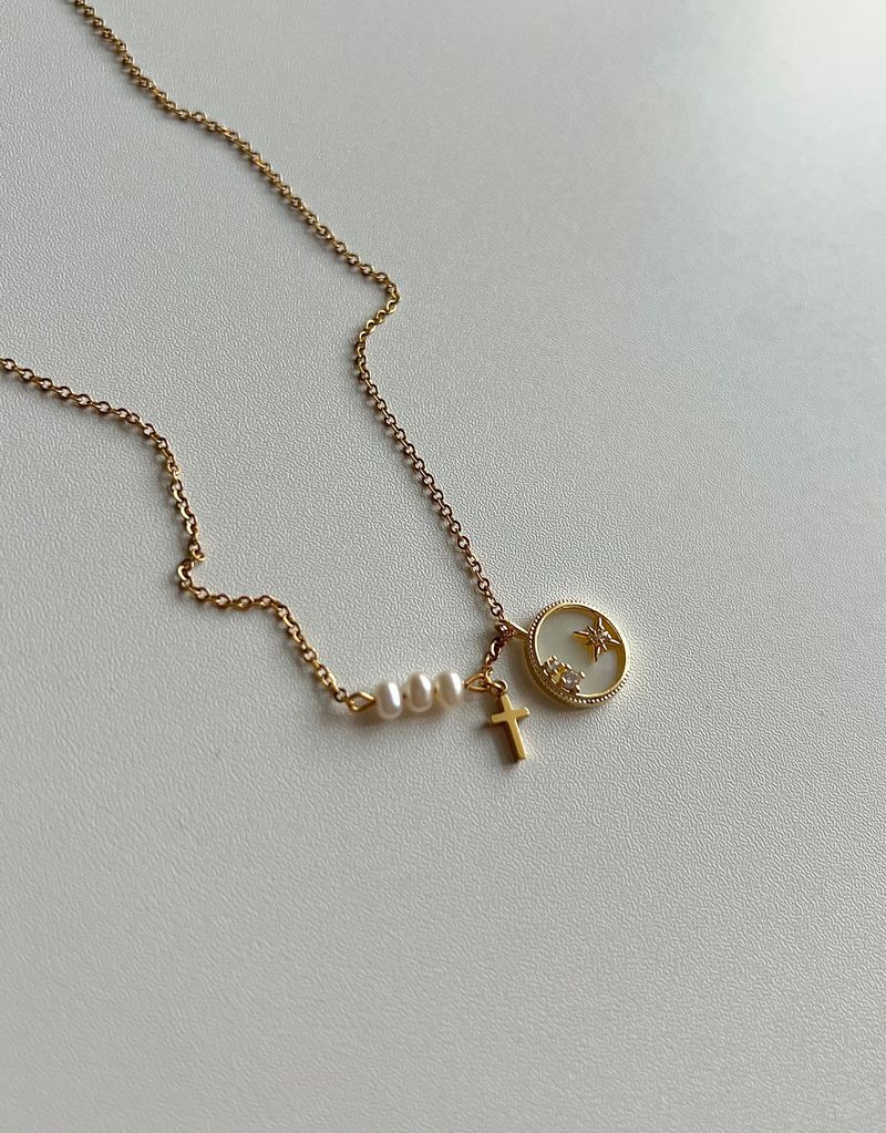 stv Moon Star Freshwater Pearl Stainless Steel Coin Layered Long Short Necklace