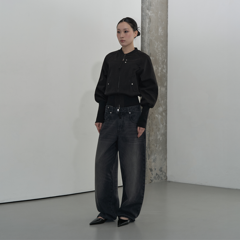 BANDING CROPPED COTTON JACKET (BLACK)