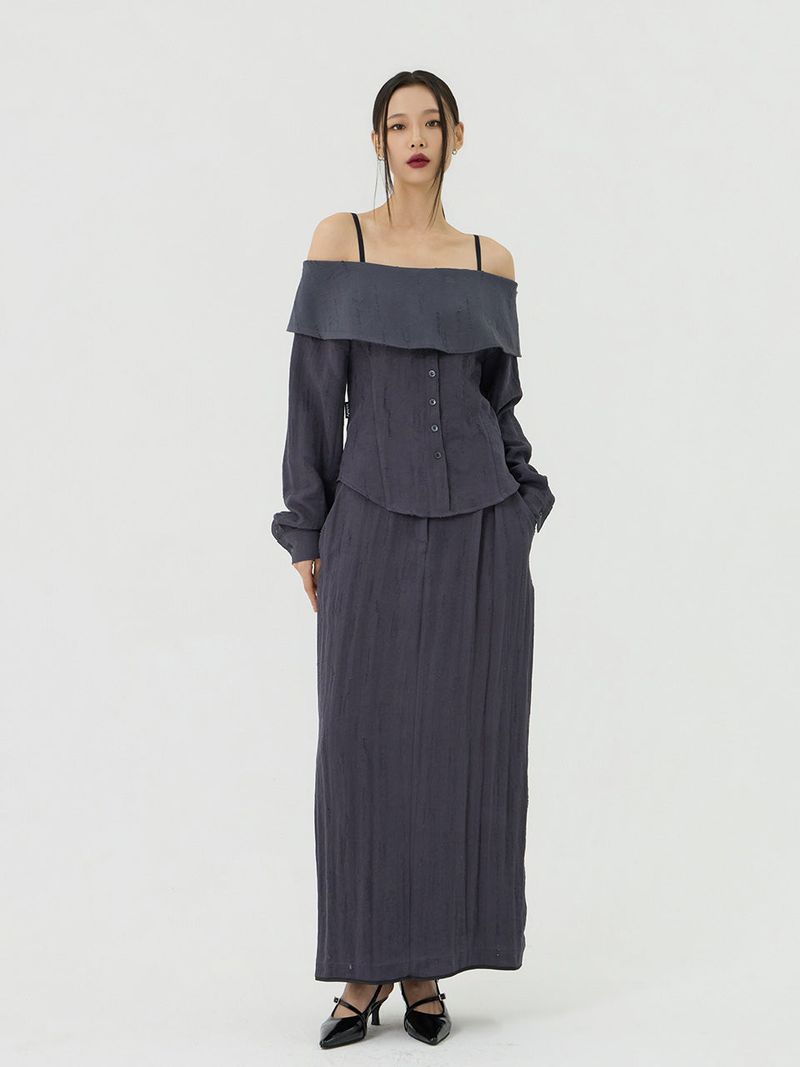 Scratch Cape Off-Shoulder Belted Shirt, Charcoal