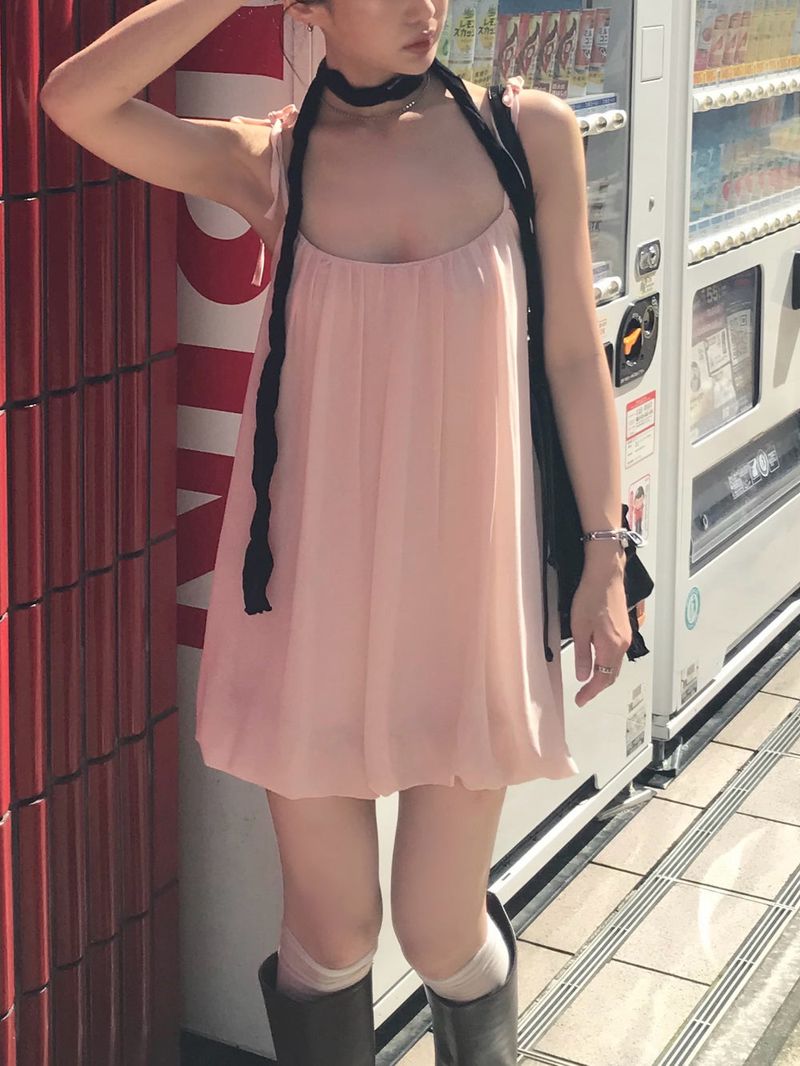 Peach Hug Ribbon Slip Pumkin Sleeveless Mini Dress
