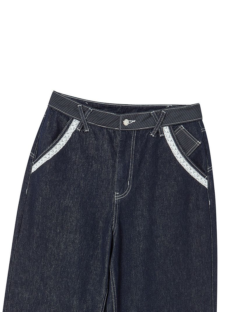 LACE ROLL UP DENIM PANTS BLUE