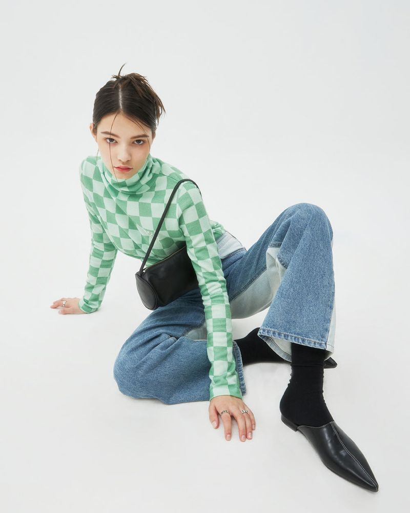 CHECKER BOARD TURTLENECK KNIT-GREEN
