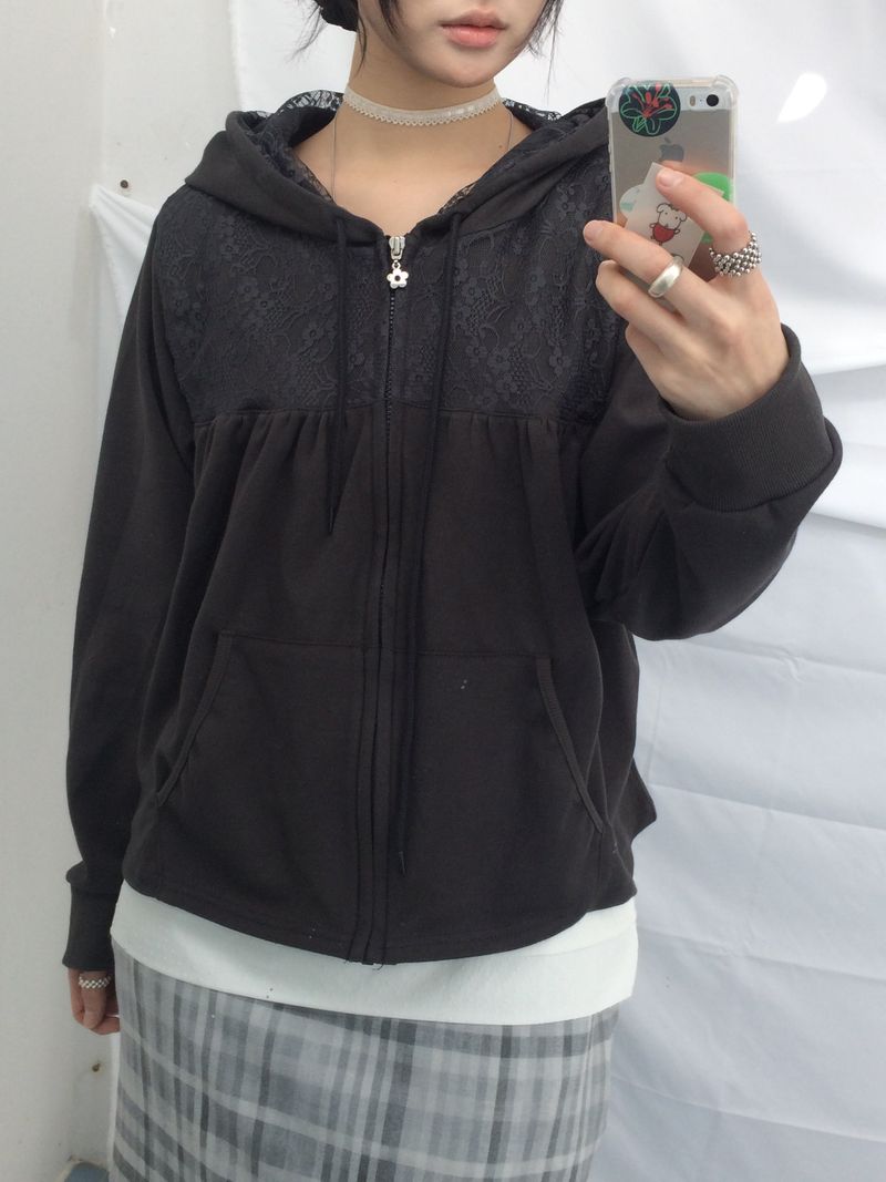 Flower Lace Half-Shirring Hooded Zip-Up