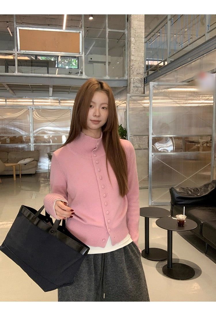 Pink button high-neck knit long-sleeved cardigan