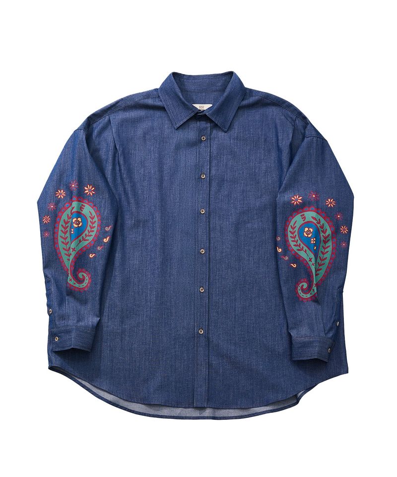A NOTHING（アナッシング）の「PAISLEY PRT. DENIM PLEATS SHIRT (Blue)（Tops）」