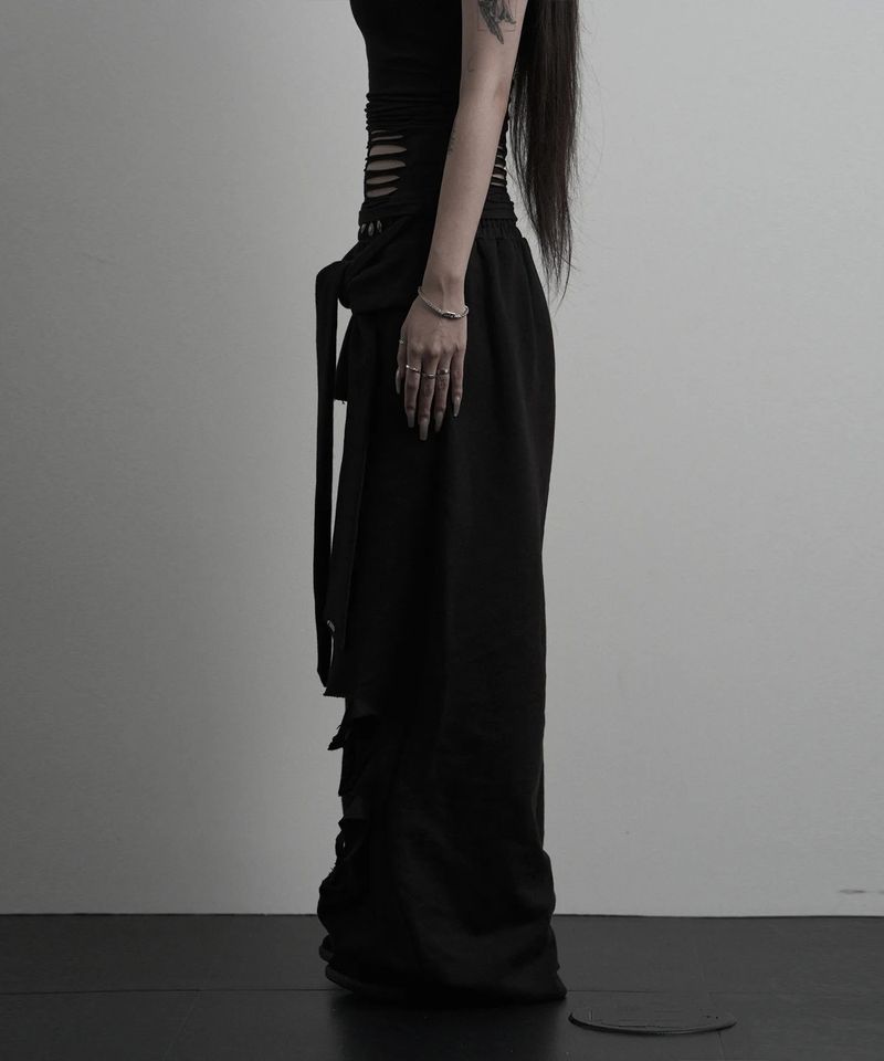 [label] layered tie damage wide pants (black)