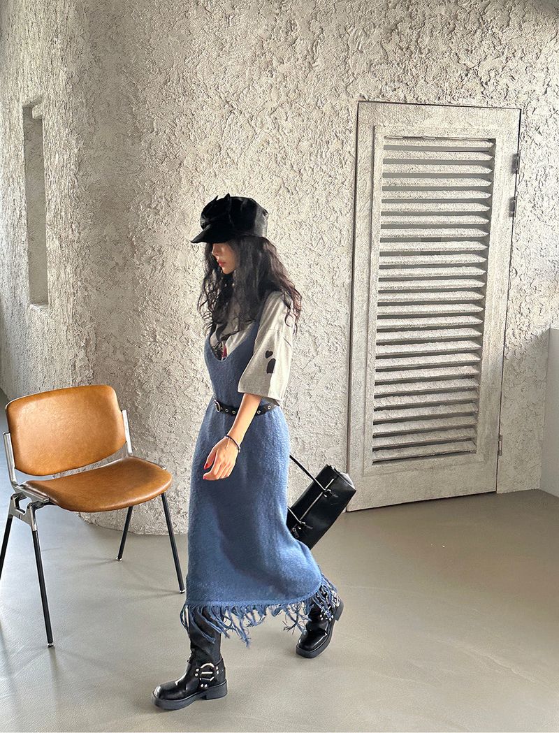 knit fringe bustier long dress