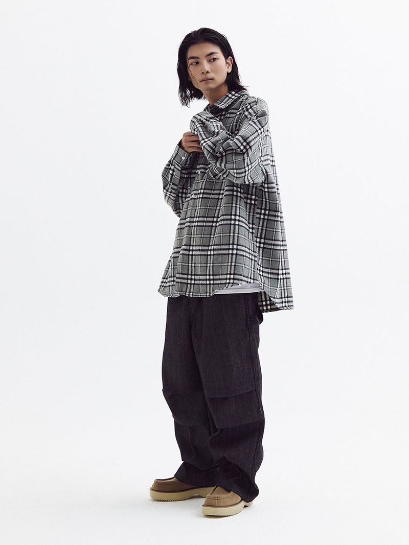 Loose wool check shirts Gray