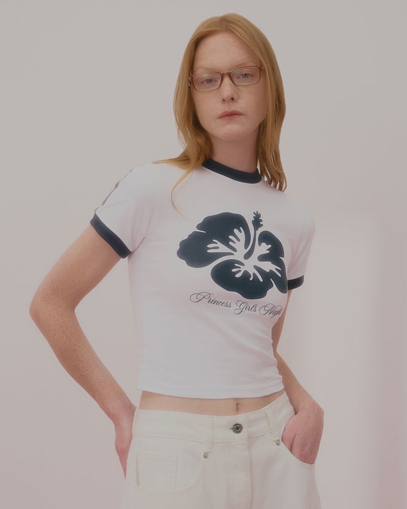 ALOHA FLOWER RINGER CROP TSHIRT-WHITE