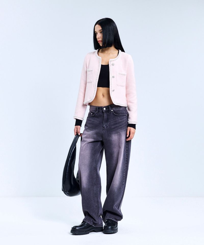 85-VIVAJ049 Line Beads Crop Tweed Jacket Pink