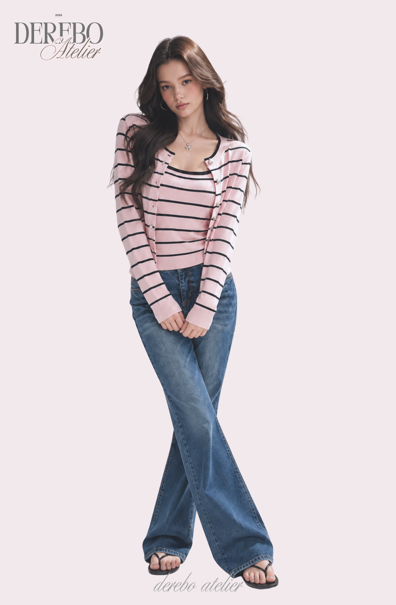 Pink Stripe Inner Cardigan Two-Piece Set