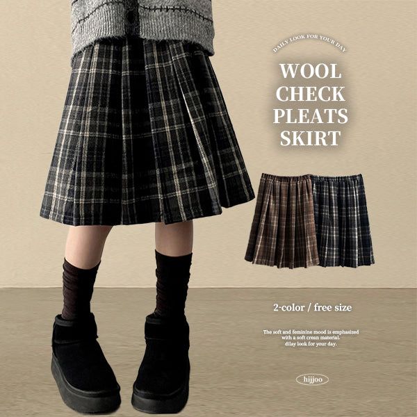 Dotten Check Woolen Pleated Midi Skirt