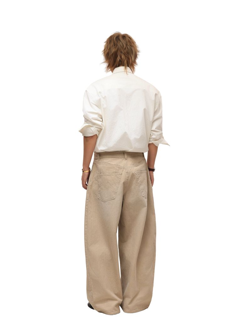 6CRAYON Khaki Classic Herringbone Washed Wide-Leg Trousers