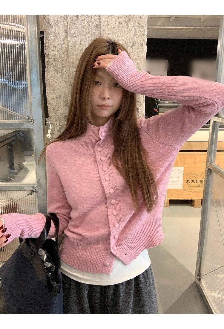Pink button high-neck knit long-sleeved cardigan